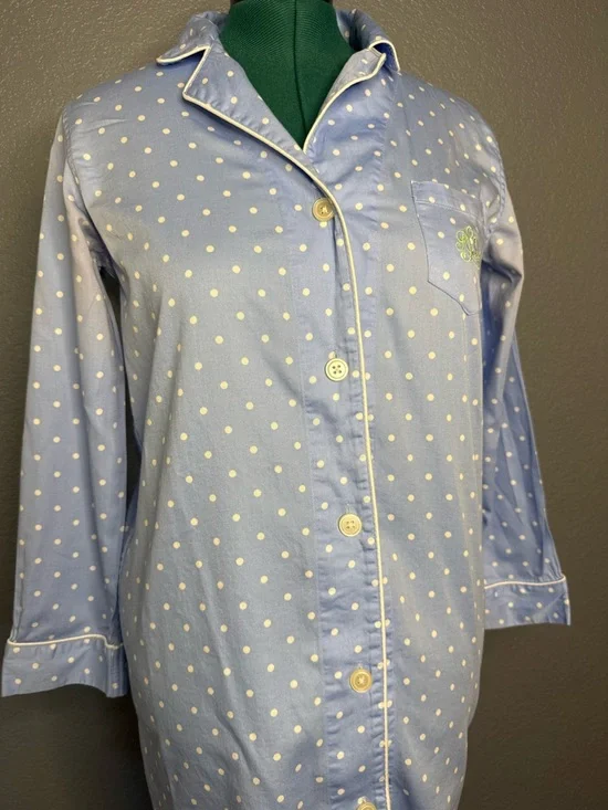 Lauren Ralph Lauren Polka Dot Pajama Top Women’s M Blue Cotton Button Down - Picture 3 of 13